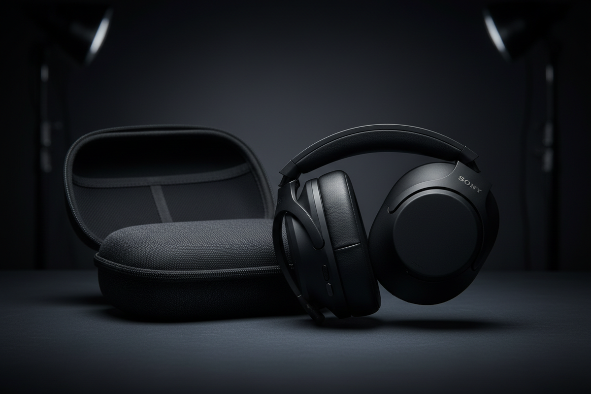 Sony WH-1000XM5 plegados con estuche para viaje