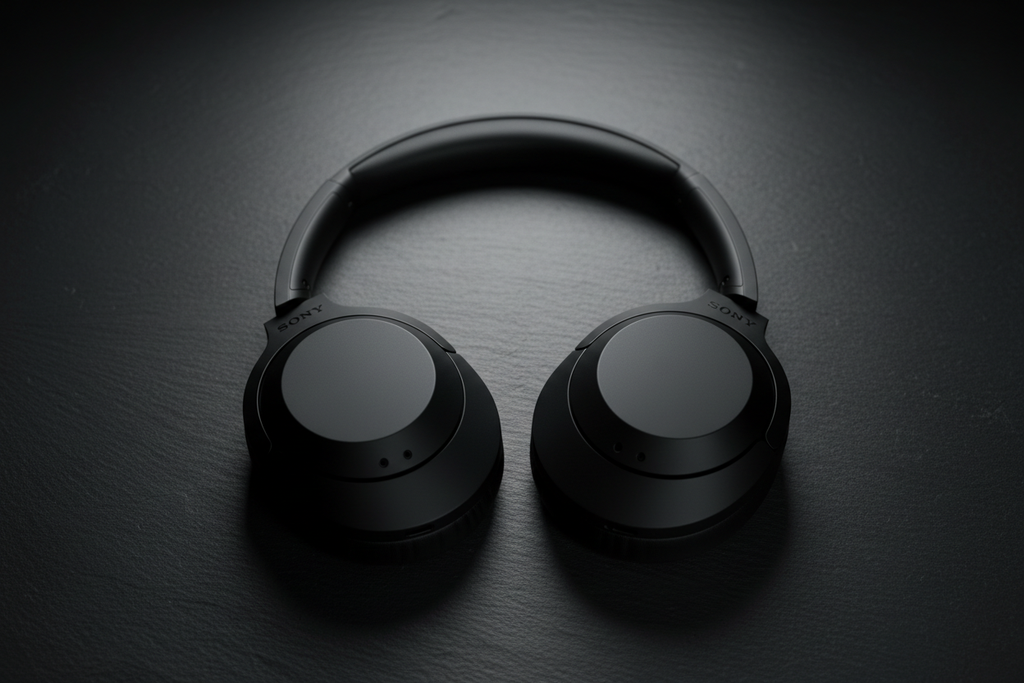 Sony WH-1000XM5 flat lay negro premium diadema sin costuras