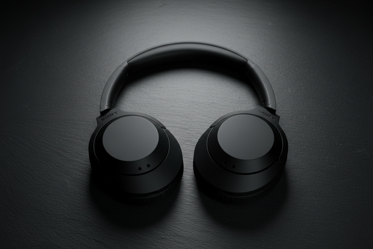 Sony WH-1000XM5 flat lay negro premium diadema sin costuras