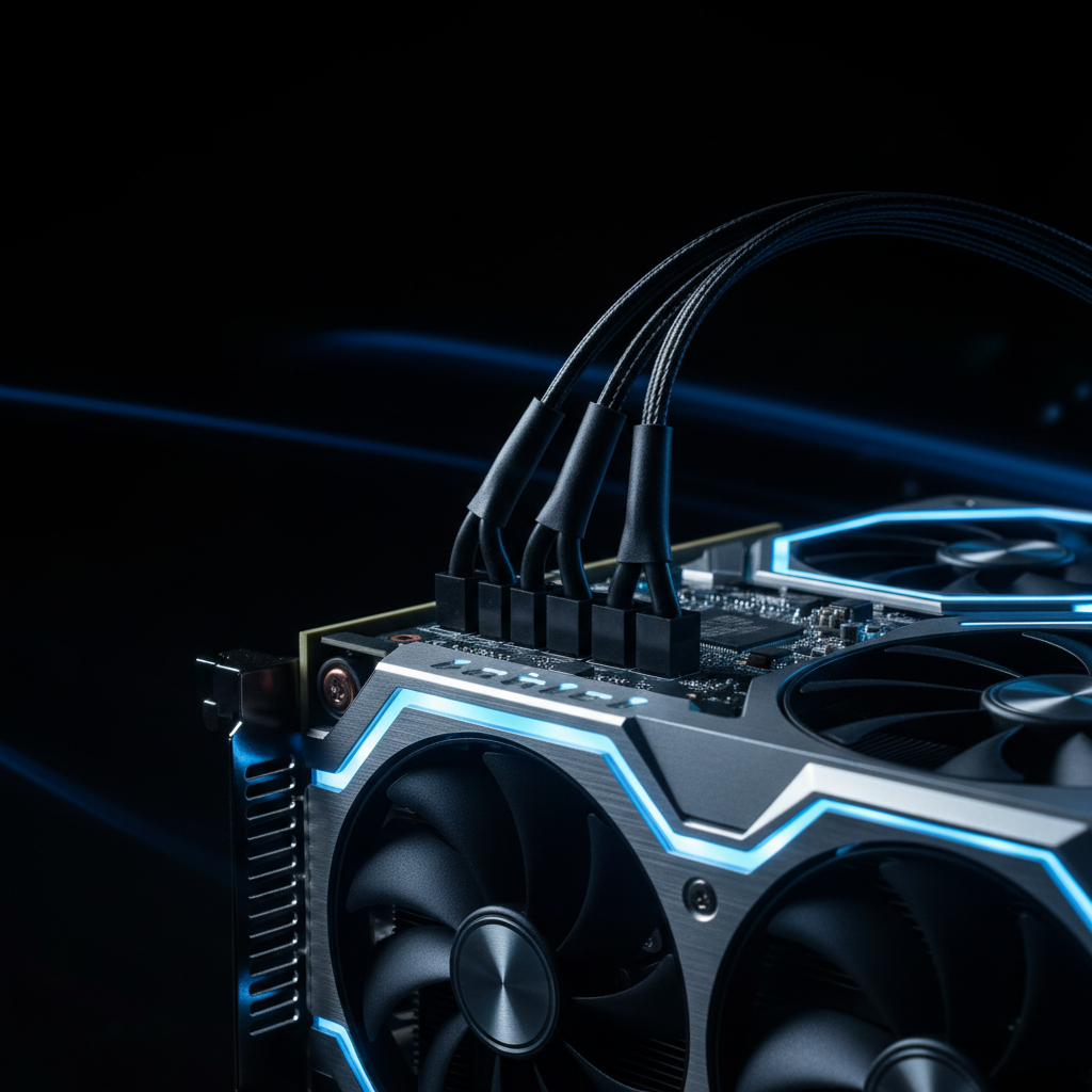 Tarjeta de video RTX Ultra vista lateral con conectores de alimentación