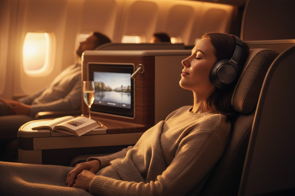 Sony WH-1000XM5 lifestyle viaje clase business avión