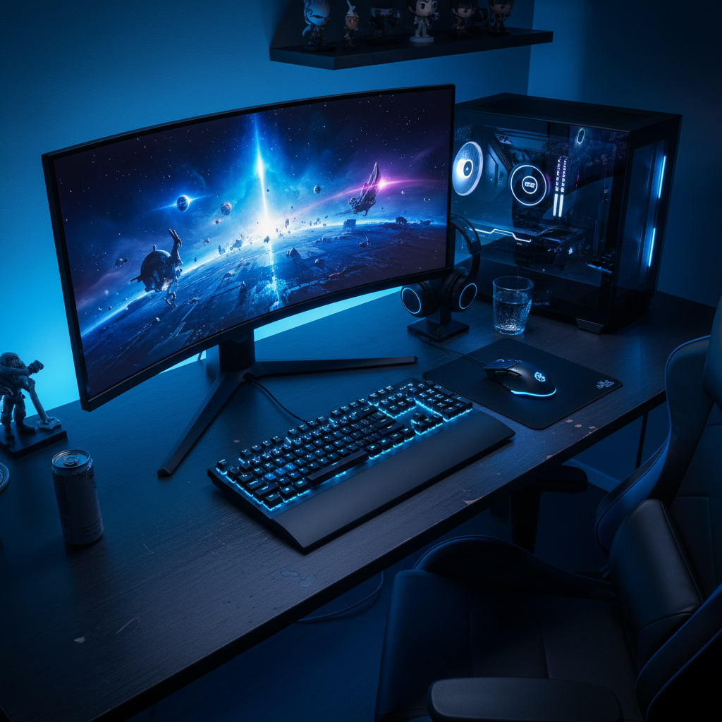 Setup gaming completo con monitor curvo 4K teclado y mouse