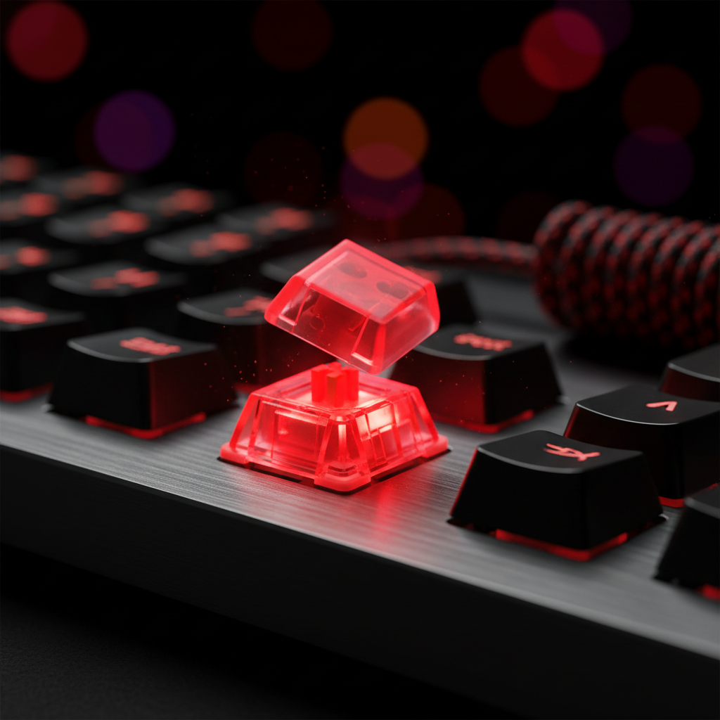 Detalle macro teclas HyperX con switches rojos y RGB
