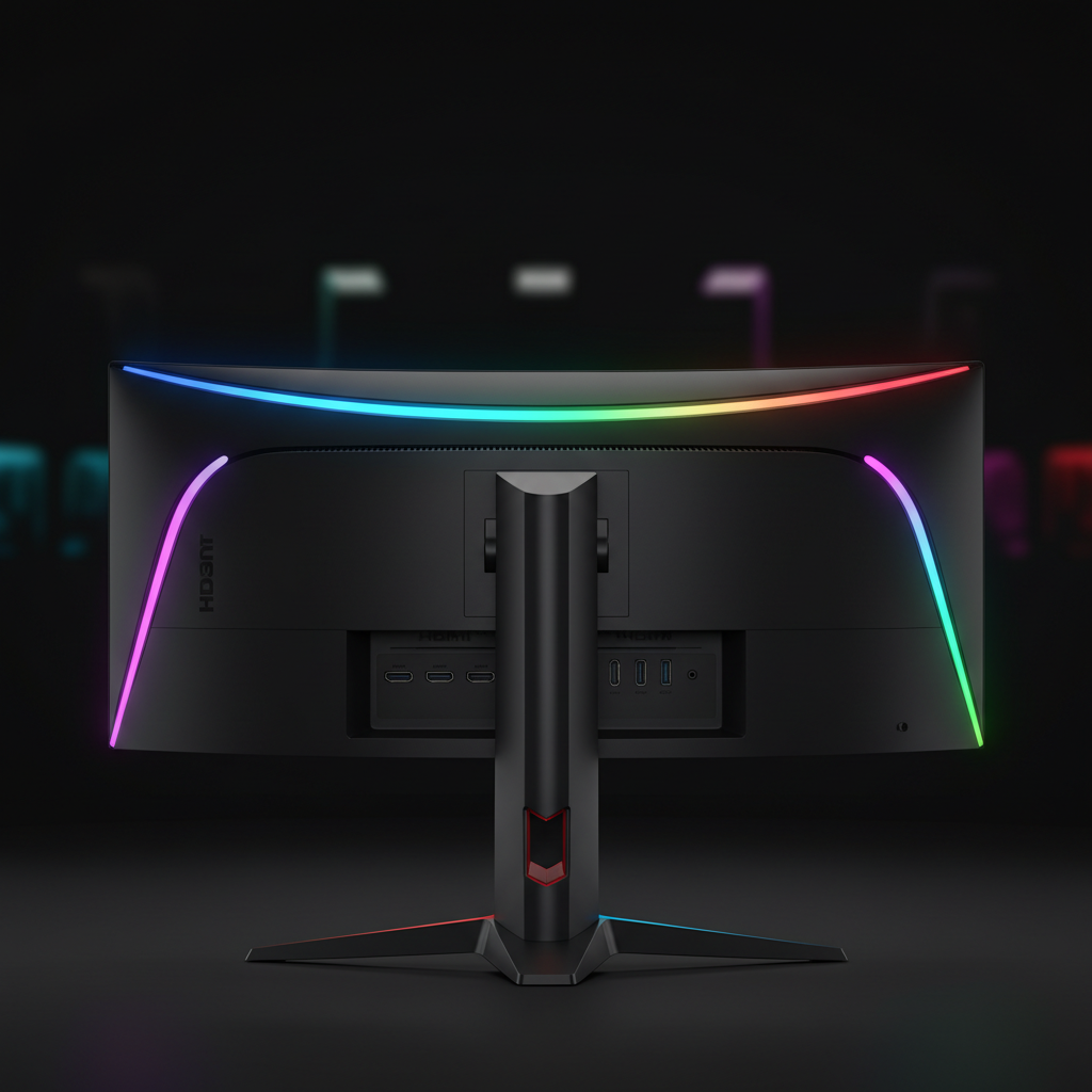 Monitor gaming curvo vista trasera con RGB y puertos HDMI