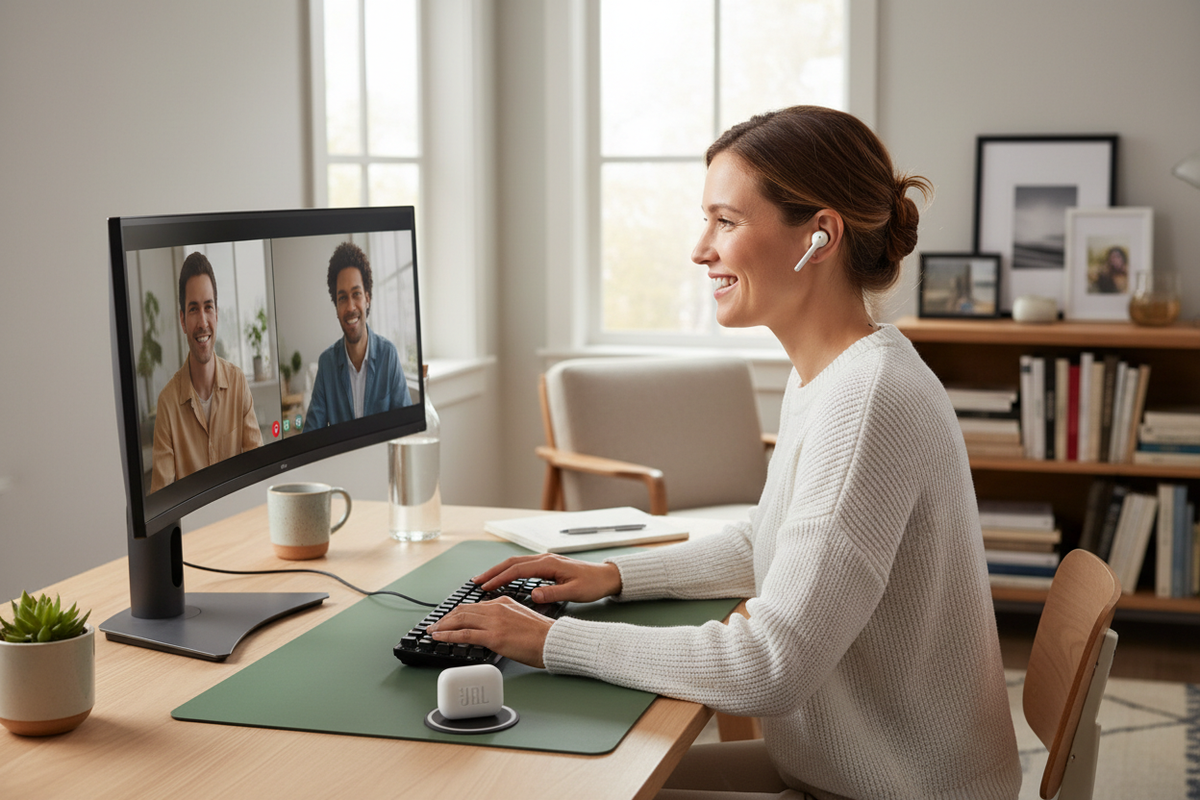 JBL Tune Beam 2 lifestyle oficina videollamada