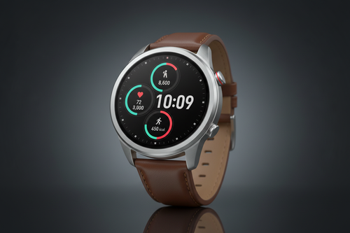 Amazfit GTR 4 vista frontal aluminio correa cuero AMOLED