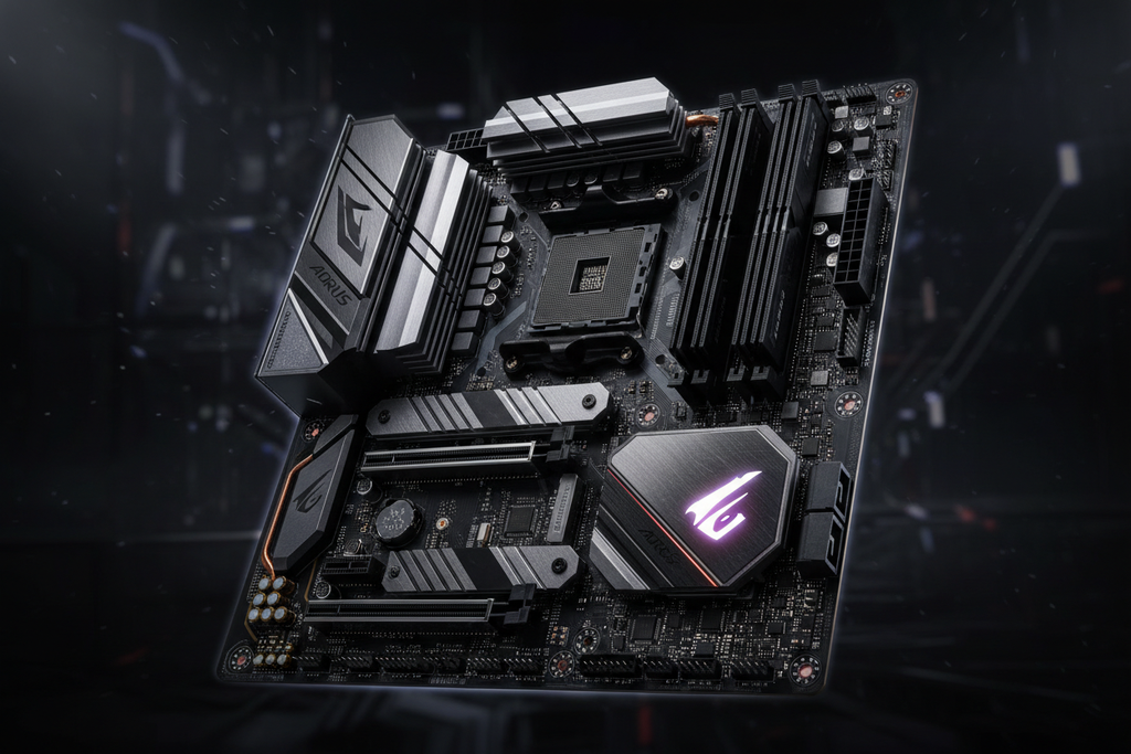 Gigabyte B650 AORUS Elite AX ángulo frontal logo