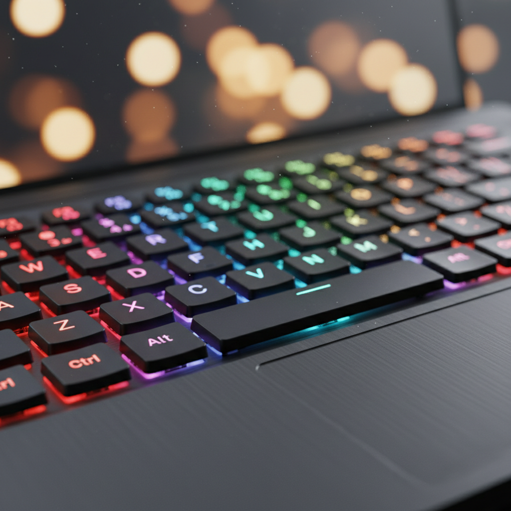 Detalle macro teclado mecánico RGB laptop gaming