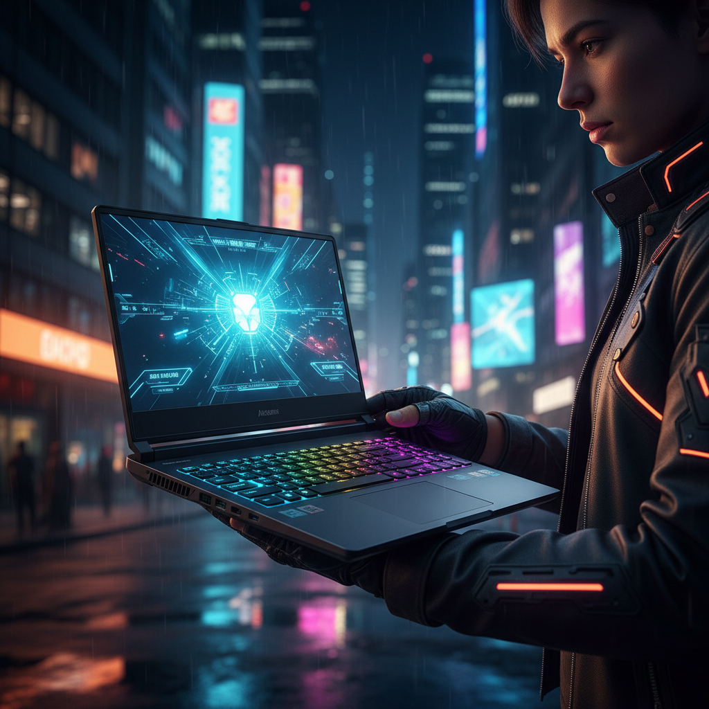 Laptop gaming Ultra Pro en manos en ambiente urbano nocturno