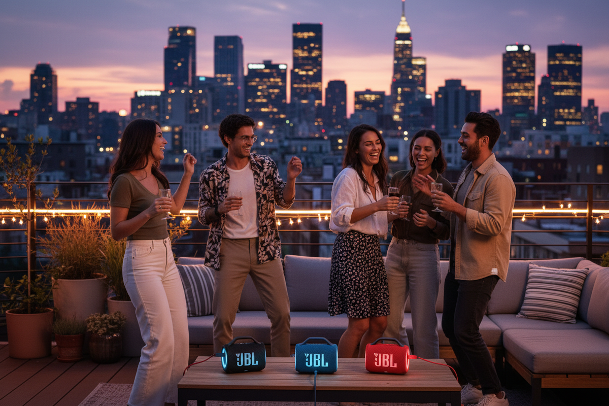 Bocina JBL Charge 6 PartyBoost rooftop party
