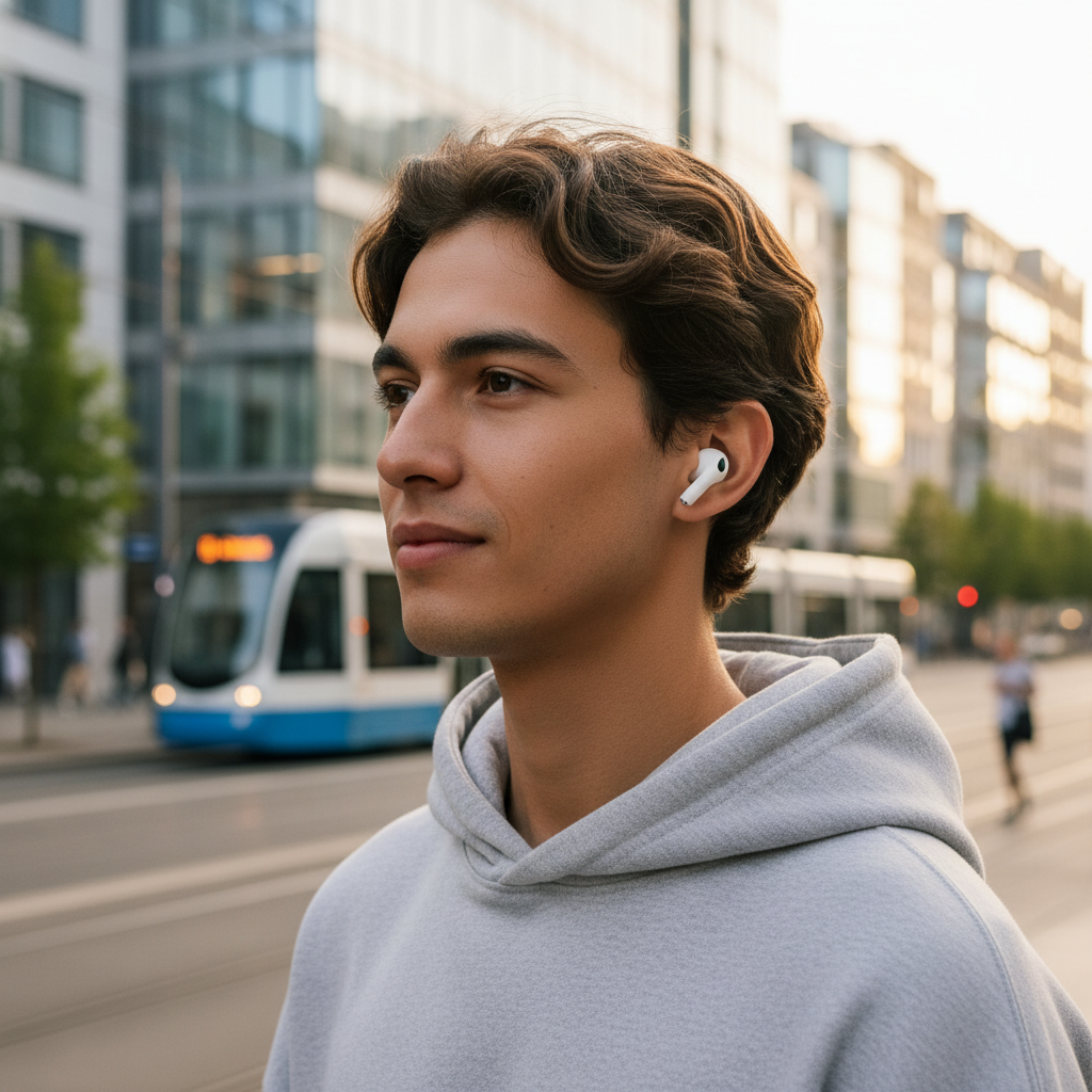 Huawei FreeBuds SE 2 puestos en persona ambiente urbano