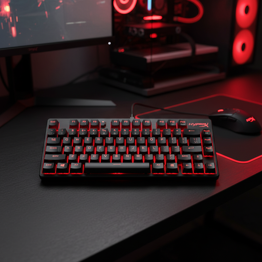 Teclado mecánico HyperX Alloy RGB vista frontal con iluminación roja