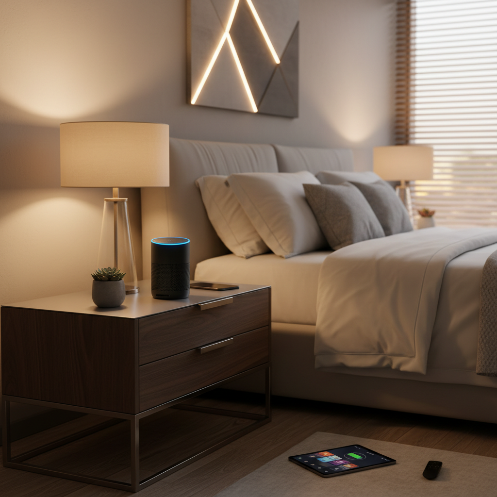 Amazon Echo Dot 5ta gen sobre mesita de noche hogar inteligente