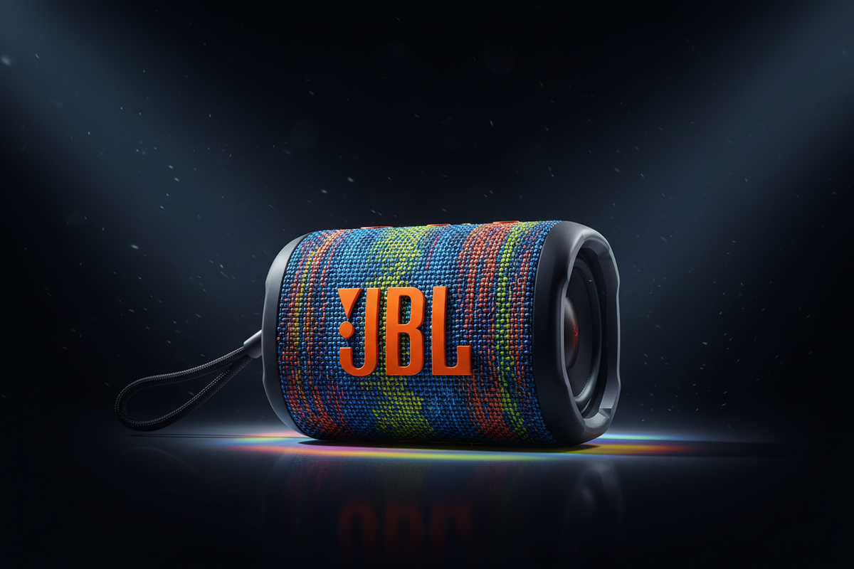 Bocina JBL Flip 7 ángulo frontal grille y logo