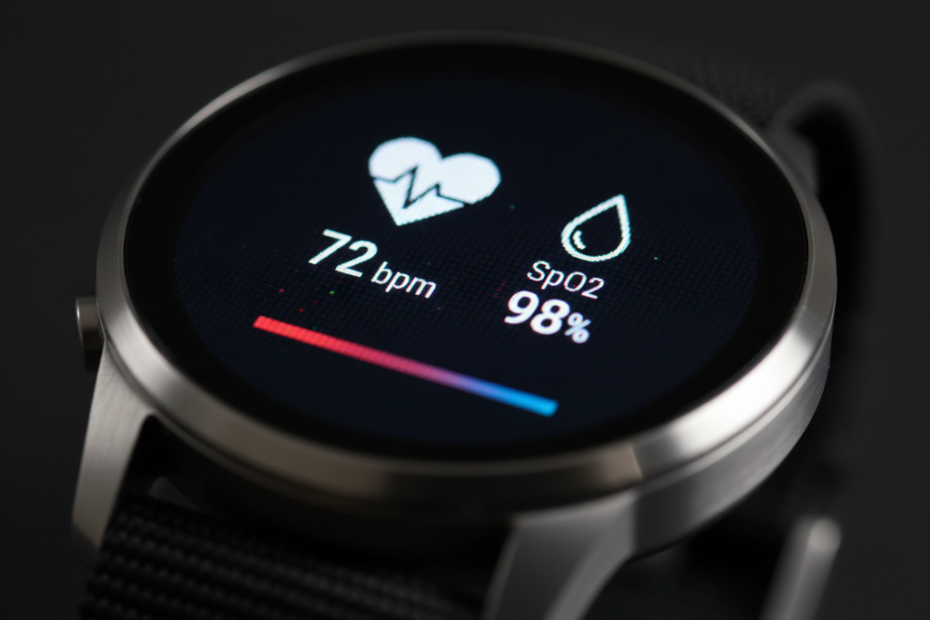 Amazfit GTR 4 macro pantalla frecuencia cardíaca SpO2