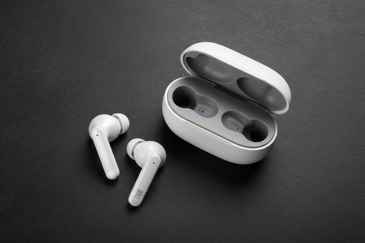 JBL Tune Beam 2 flat lay estuche abierto