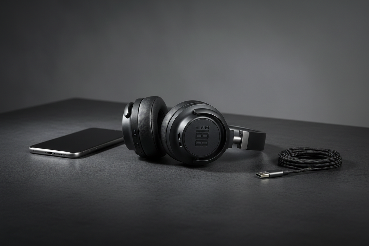JBL Live 770NC plegado con smartphone